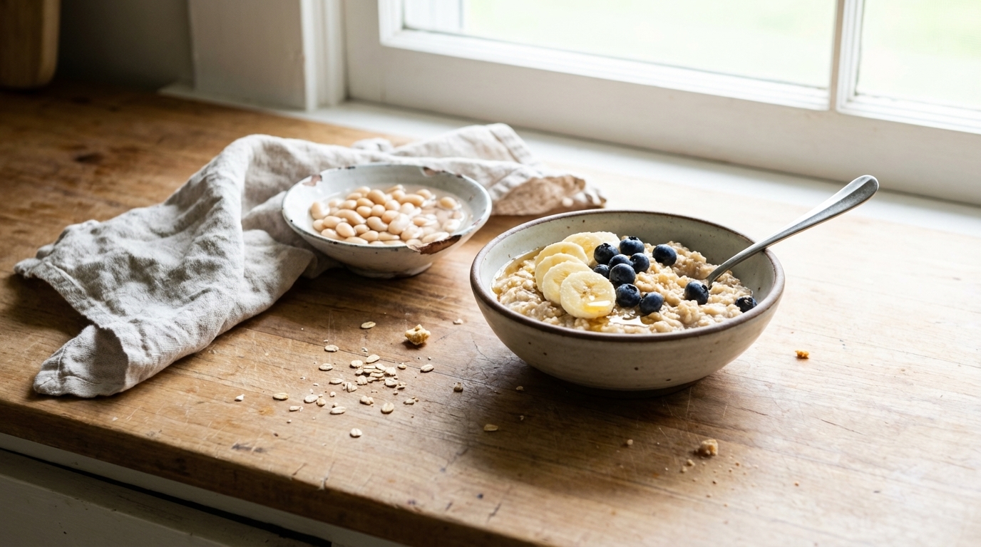 Simple breakfast bowl and basic prep ingredients in morning light