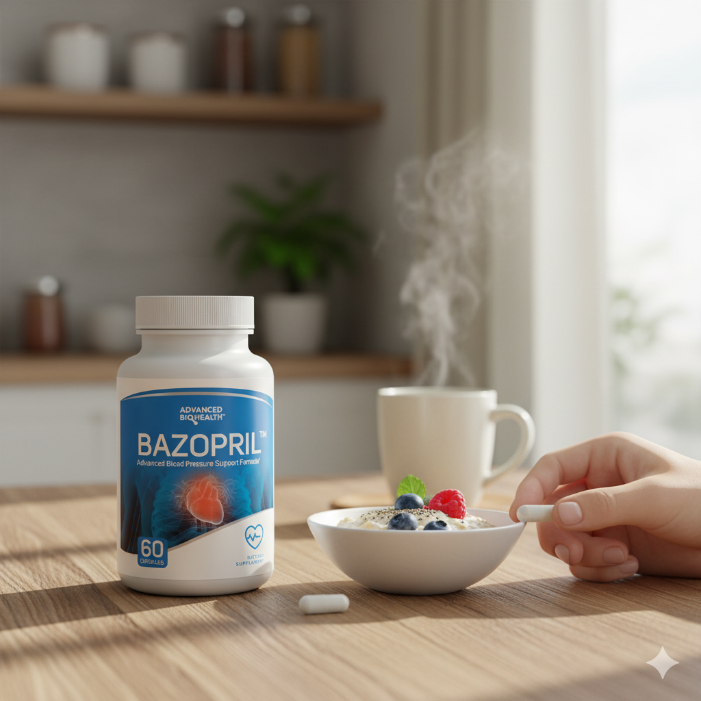 Daily heart health habits—Bazopril beside breakfast plate