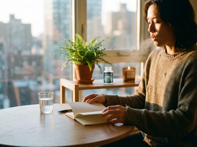 Person exhaling with relief as they pause by a bright window, mind finally feeling clear.”