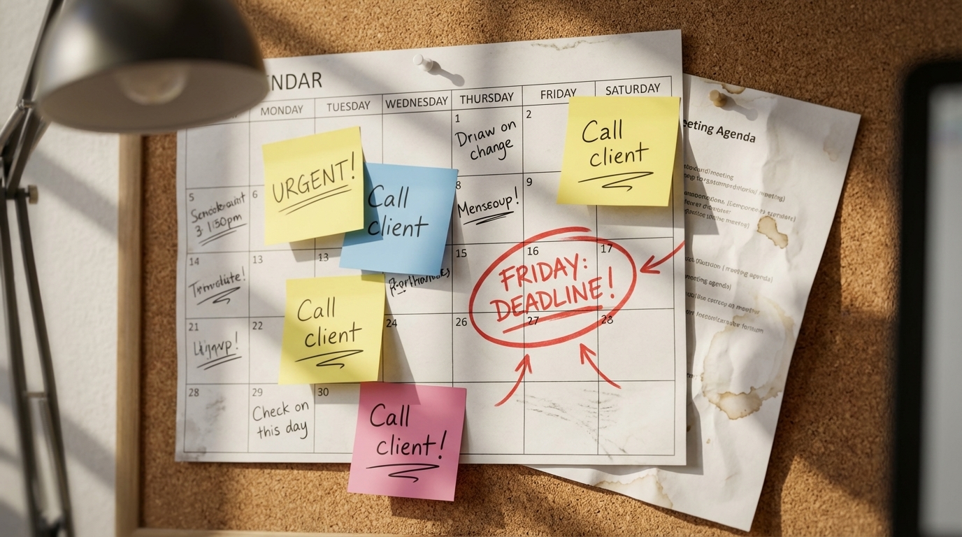 Cluttered calendar with deadlines and sticky notes