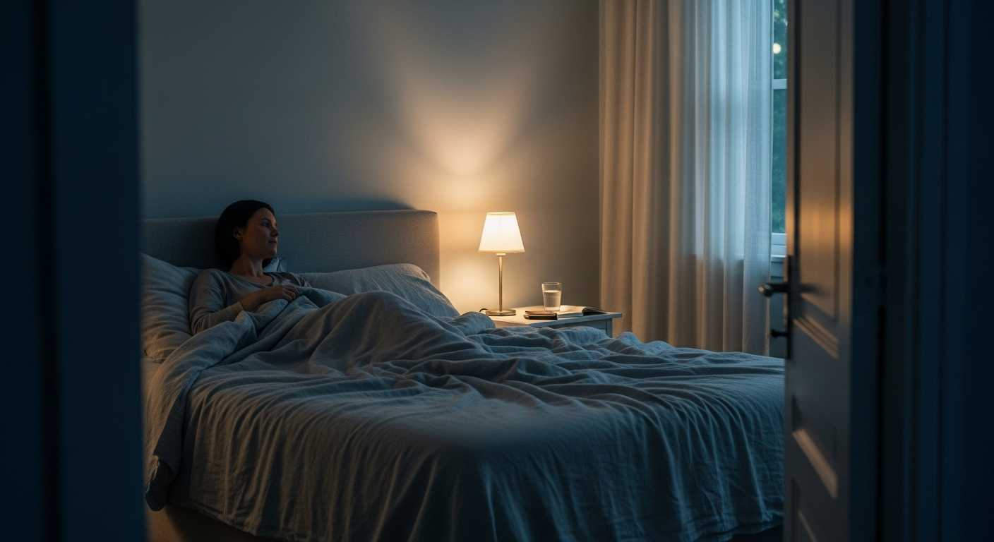 Person slipping into a tidy, softly lit bedroom at night with a glass of water on the nightstand.