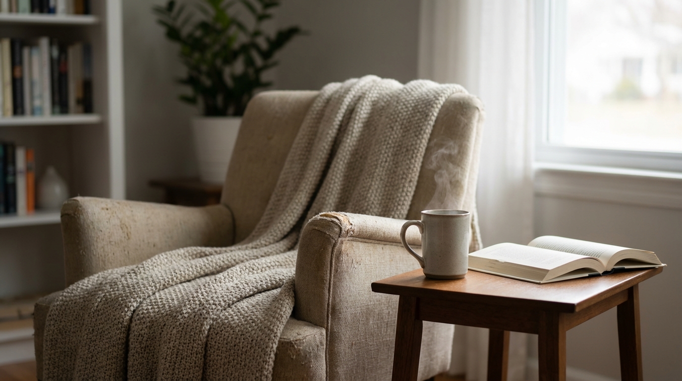 Warm living room with tea and soft afternoon light