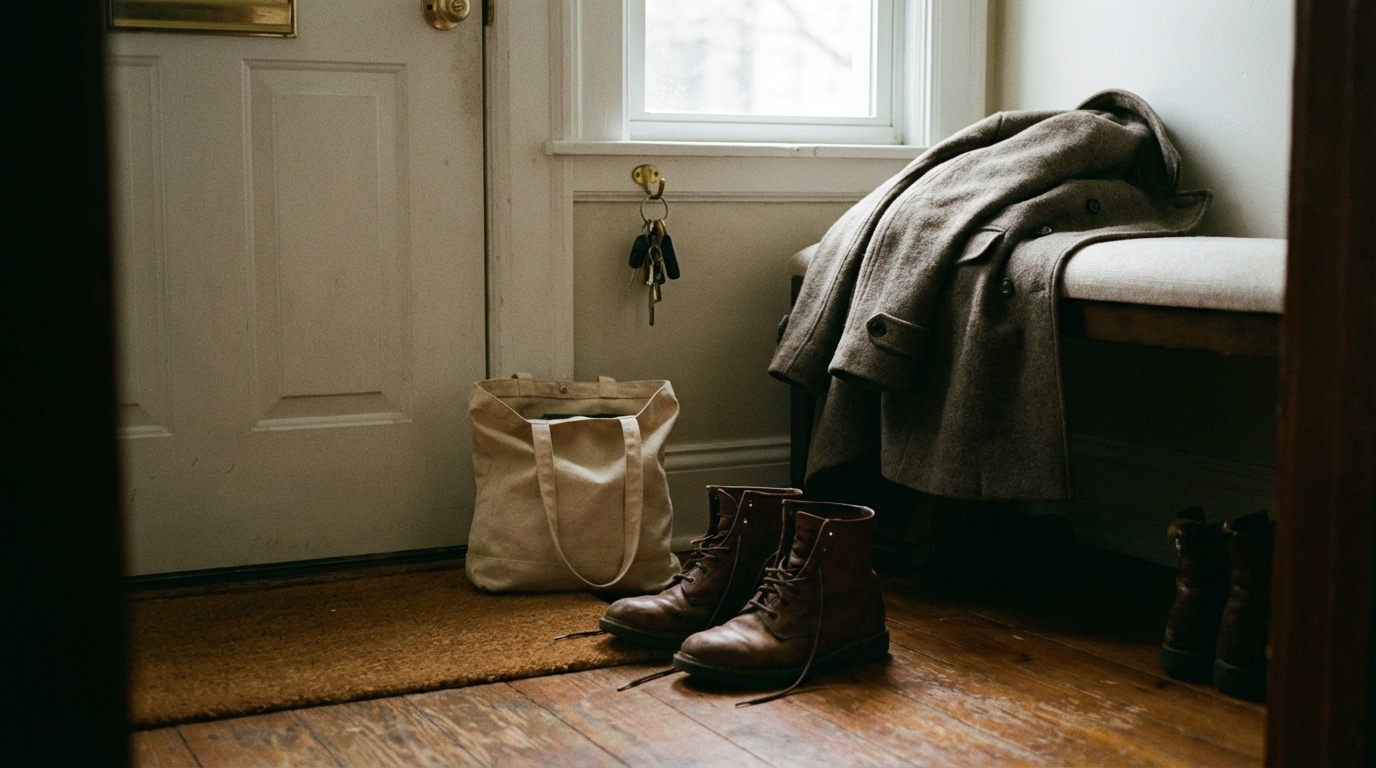Shoes and keys by the door in soft daylight