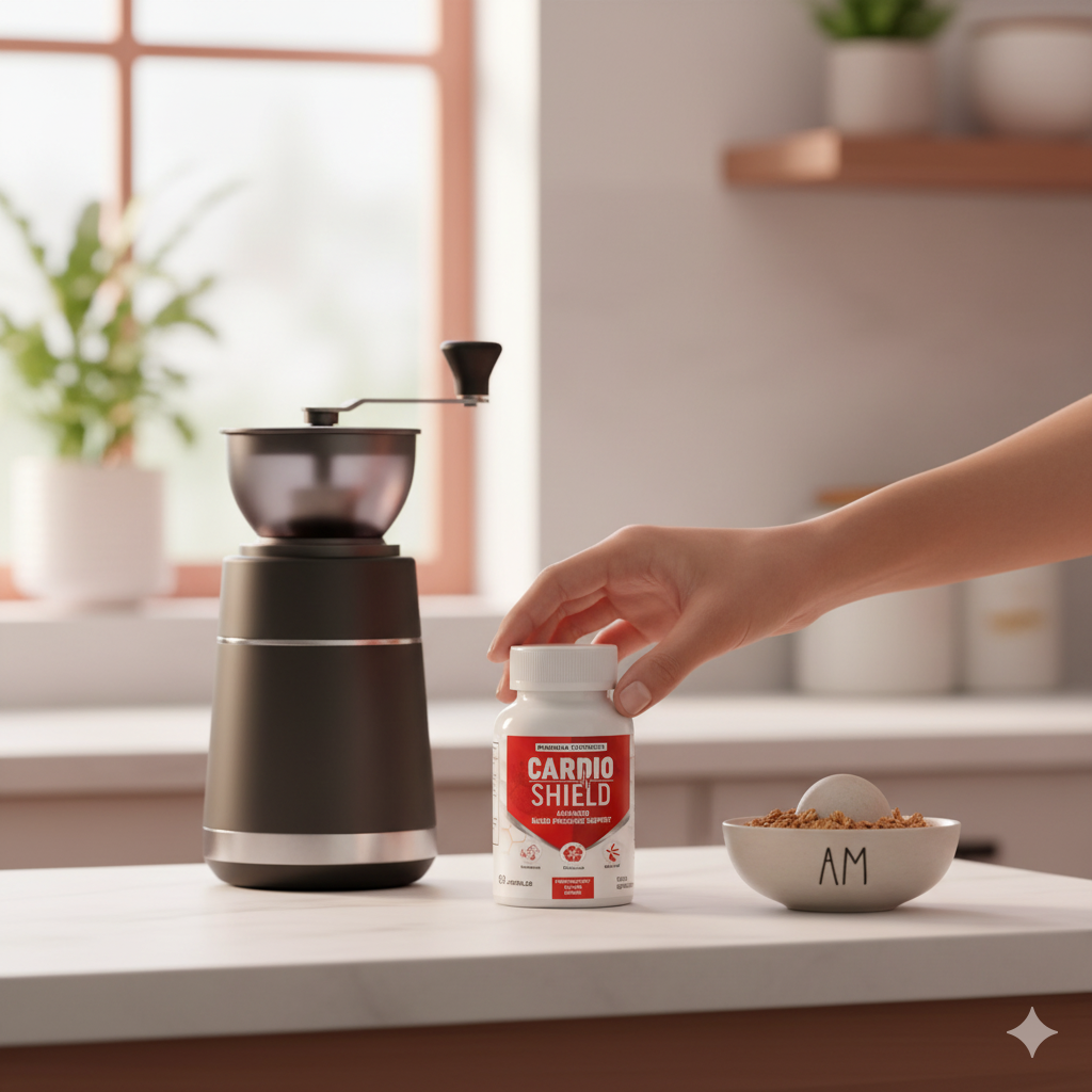 Bottle beside breakfast setup—daily heart health supplements habit.