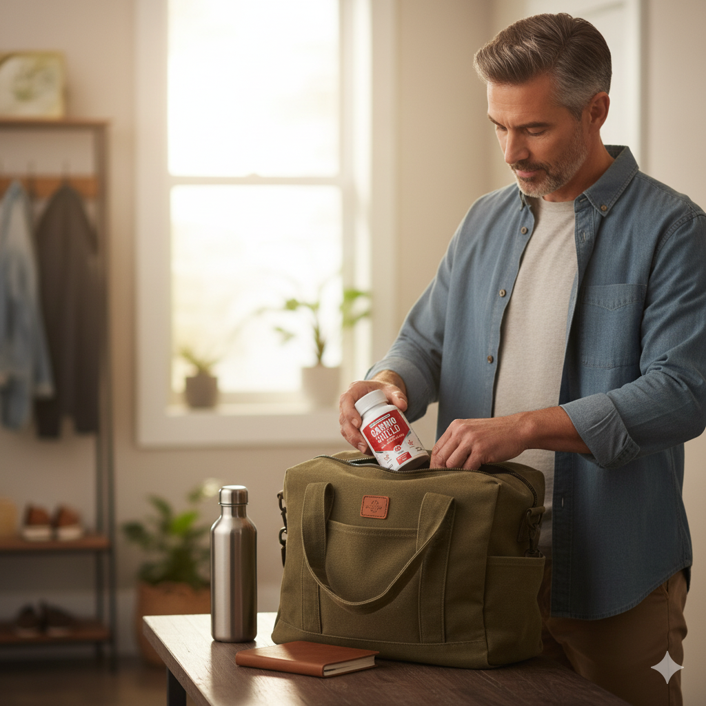 Commute bag with bottle—daily heart health supplements ready.