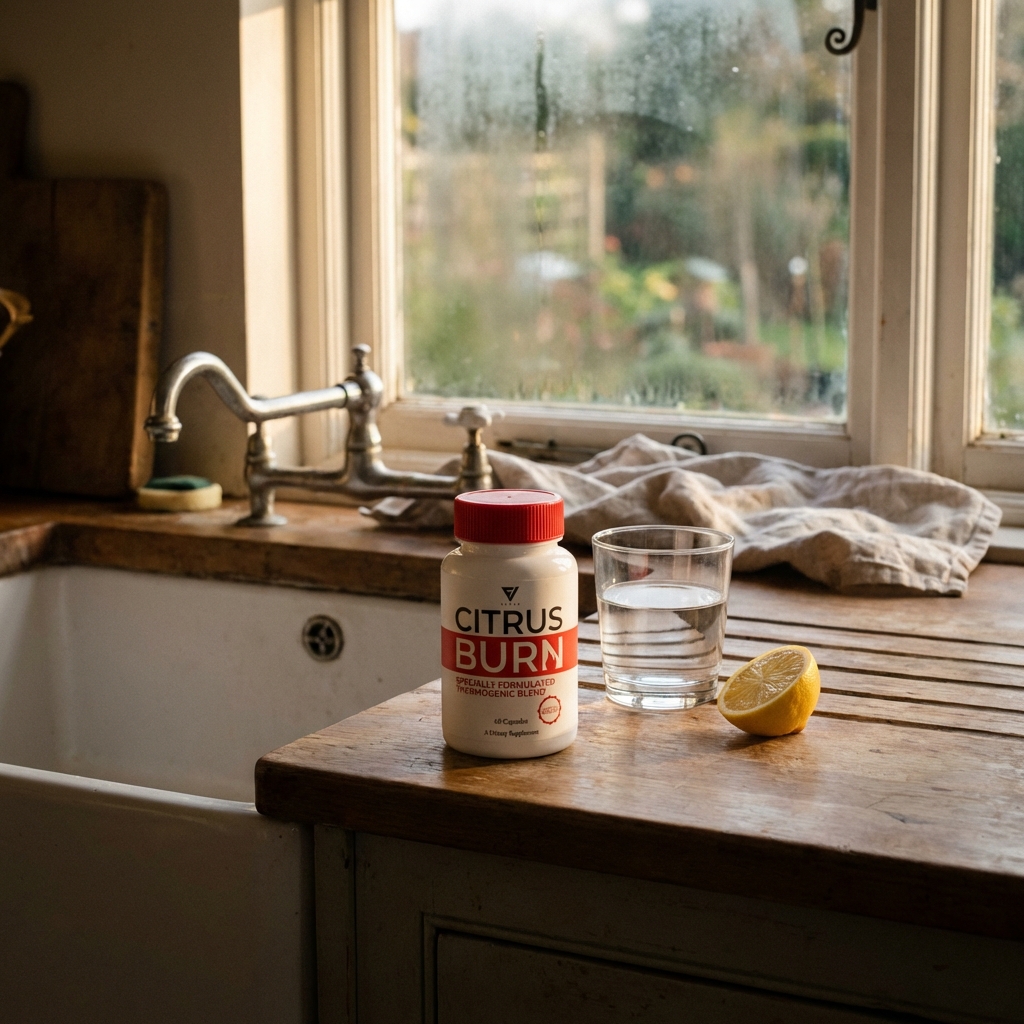 CitrusBurn bottle beside glass in simple daily routine