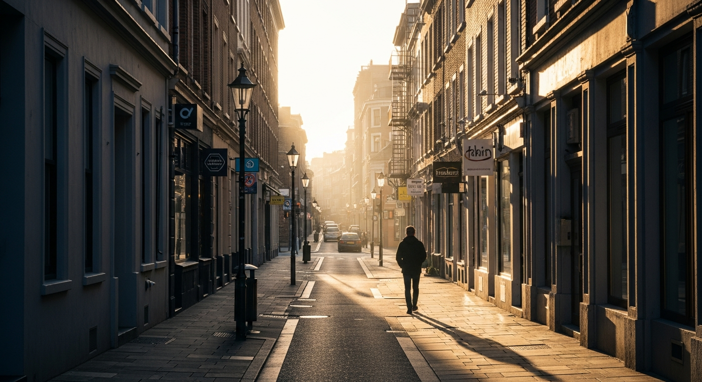 Person walking through a calm city street at sunrise, symbolizing natural detox pathways quietly at work.