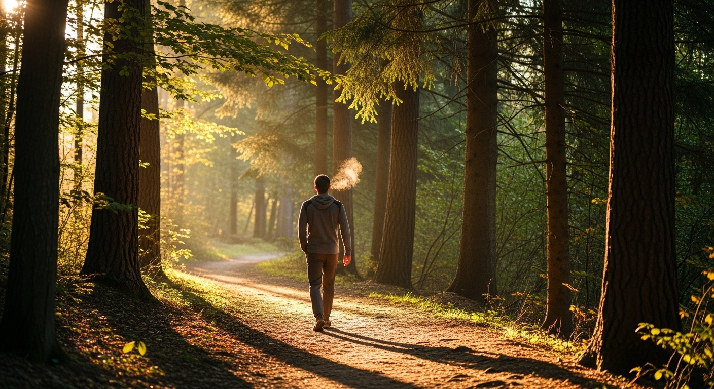 Person walking a sunlit forest path at golden hour.