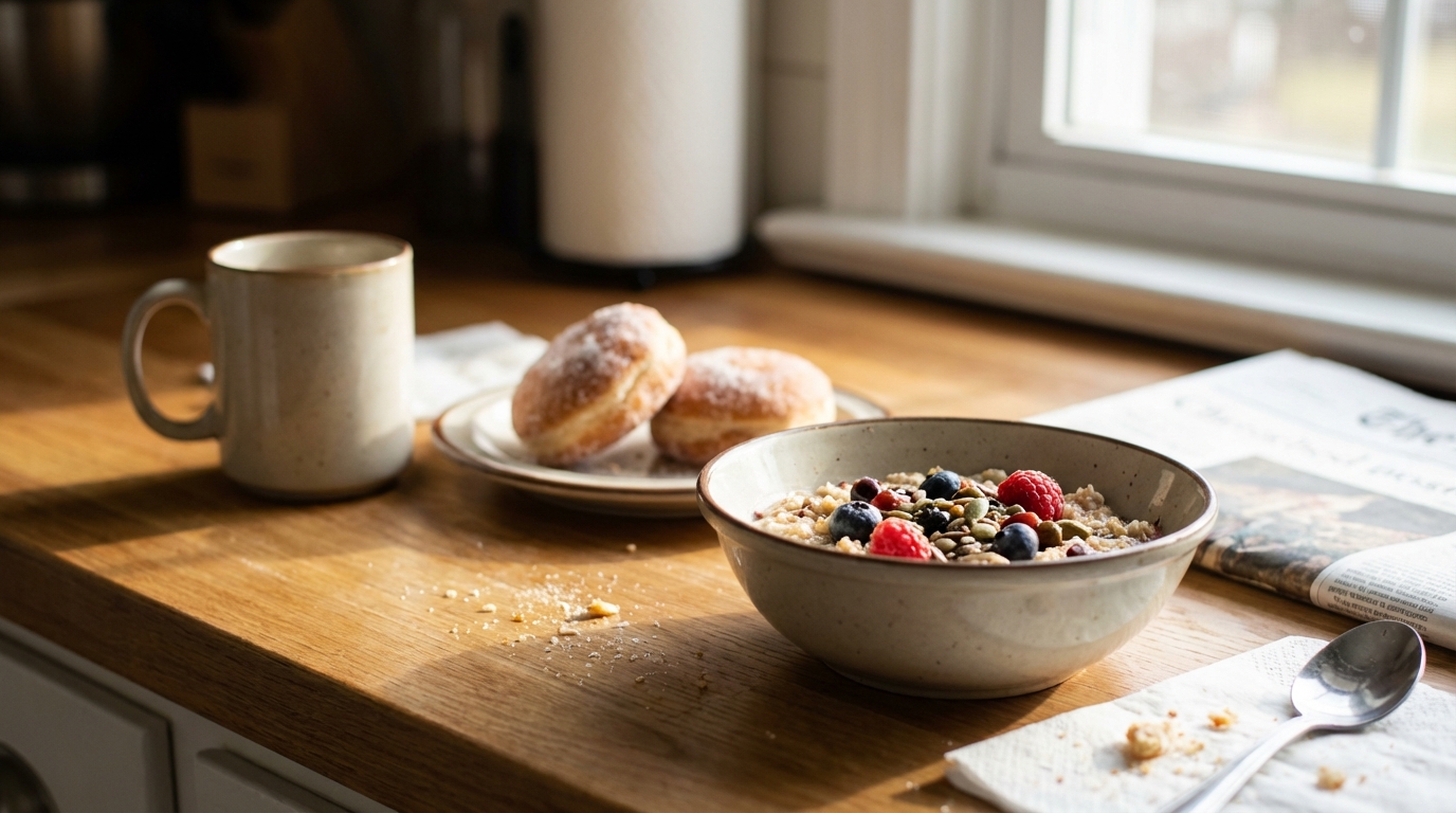 Coffee and pastries set aside beside a steadier breakfast
