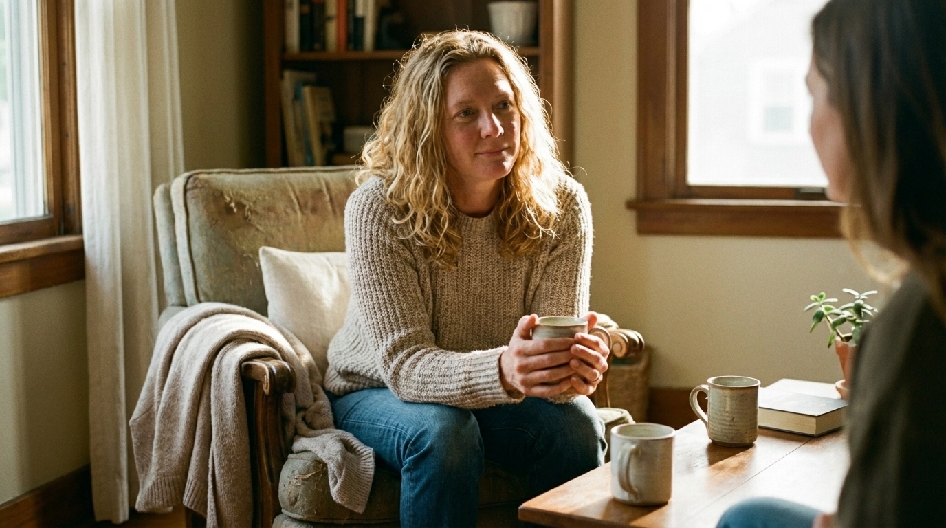 Woman holding a mug in warm window light looking steady