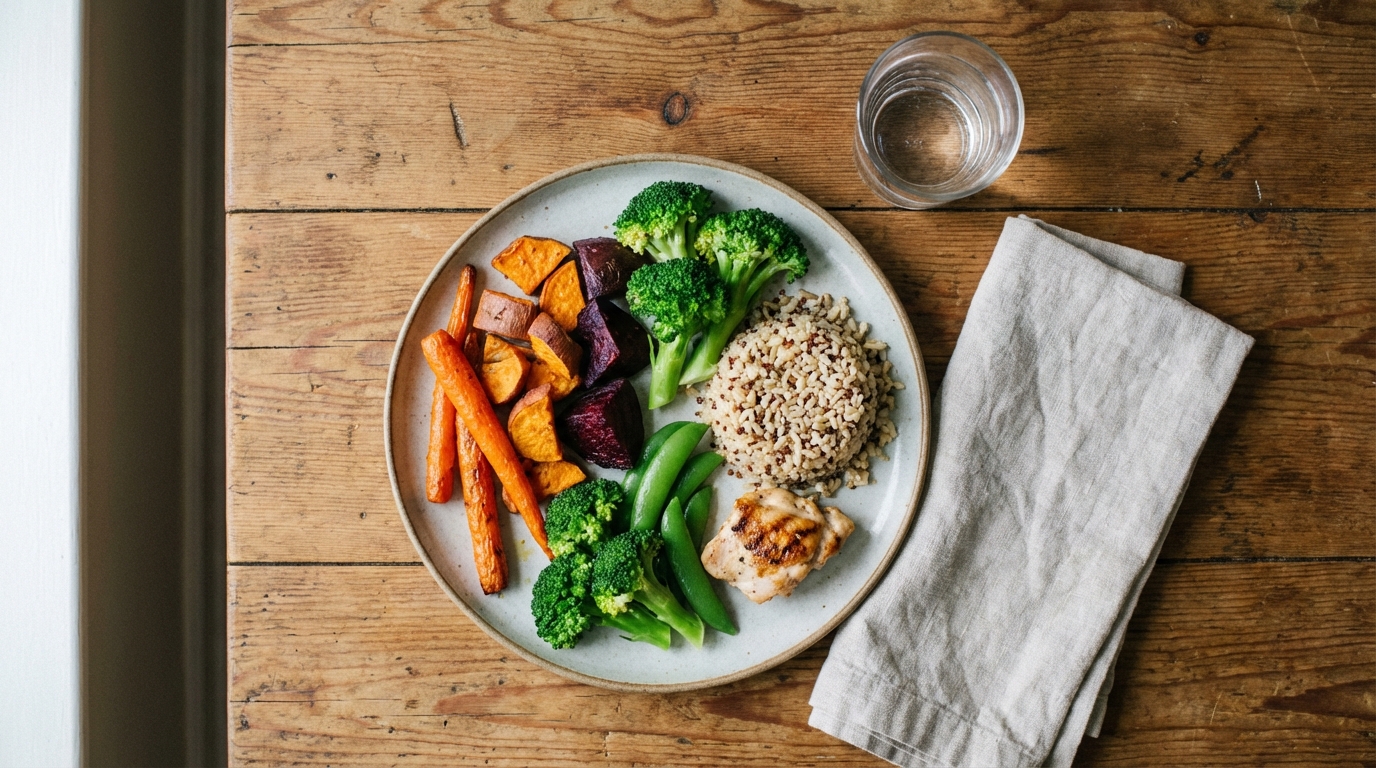 Colorful, balanced meal with vegetables, grains, and protein on a wooden table.