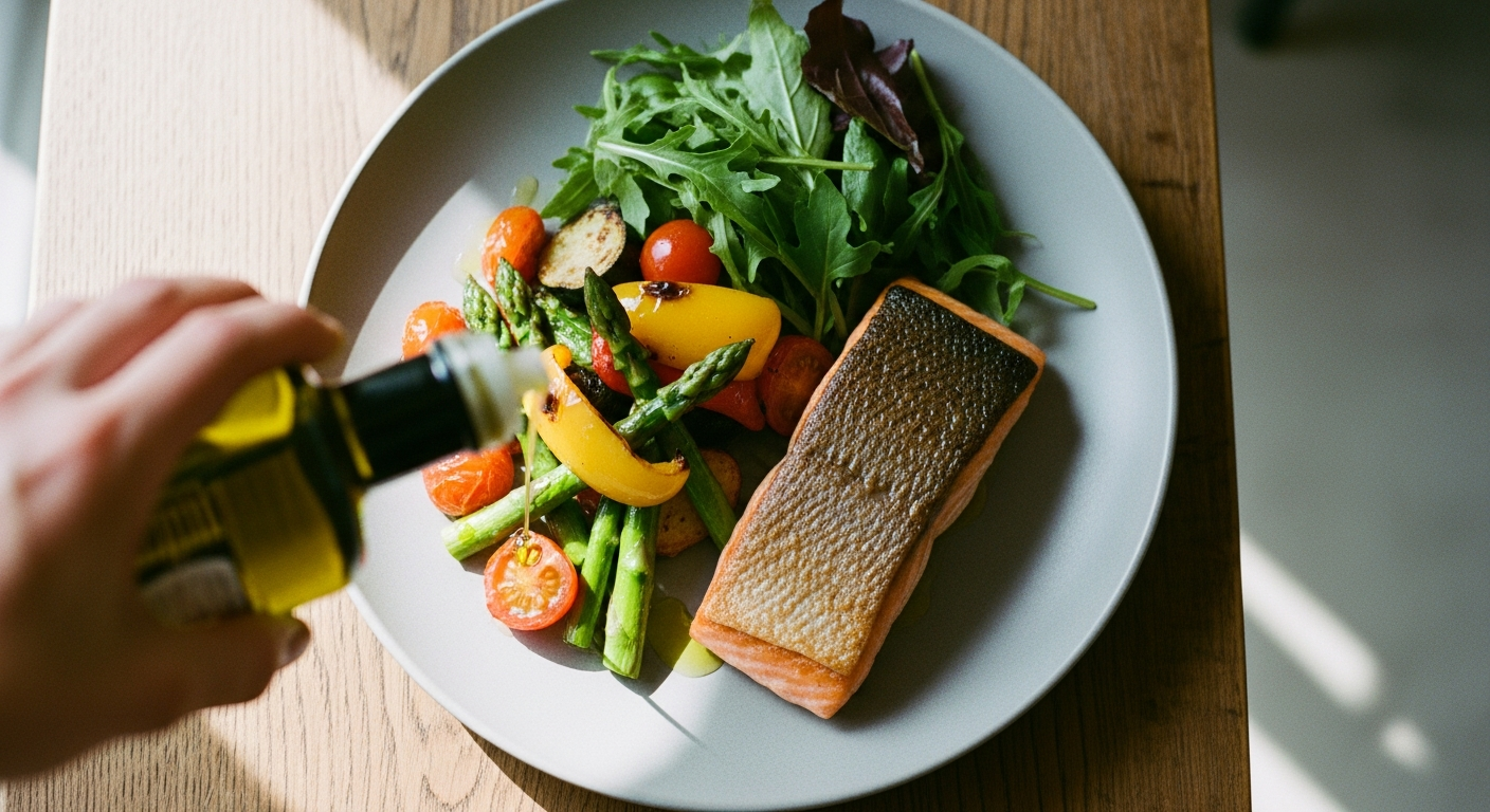 Colorful plate with greens and salmon