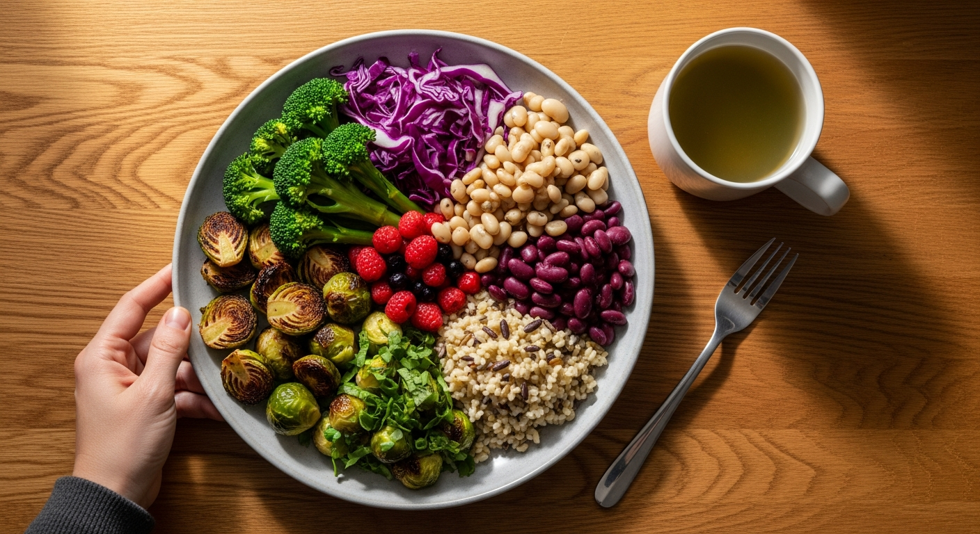 Overhead view of a colorful plate filled with crucifers, beans, grains, and berries beside green tea.