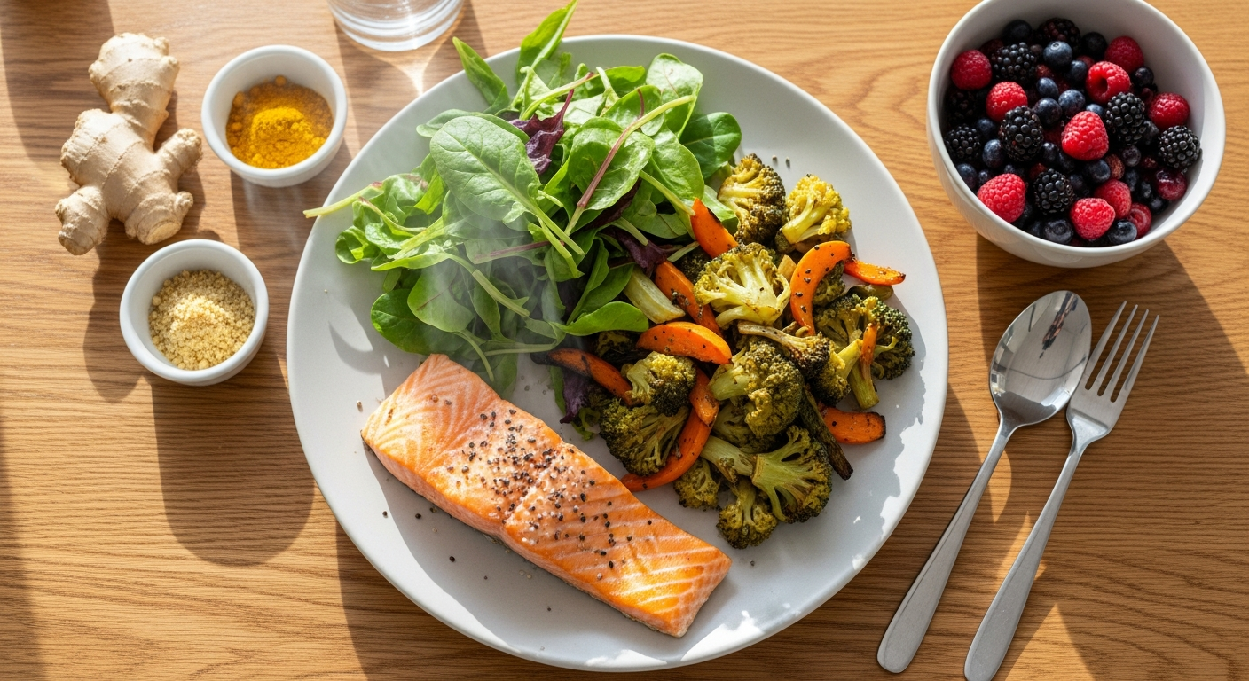 Colorful anti-inflammatory meal with fish, greens, cruciferous veggies, and berries.