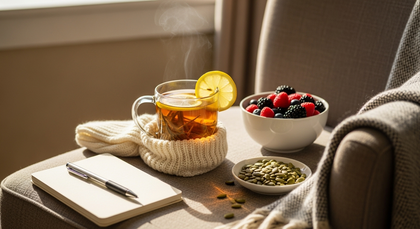 Cozy tabletop scene of tea, berries, and seeds underscoring biohacking nutrition.