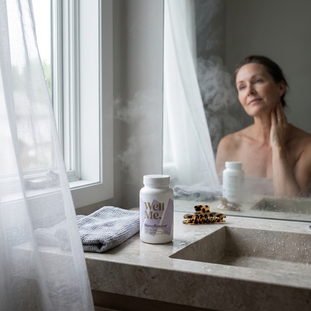 MenoRescue bottle in focus on a bathroom vanity with a soft mirror reflection of a woman relaxing after a warm flush