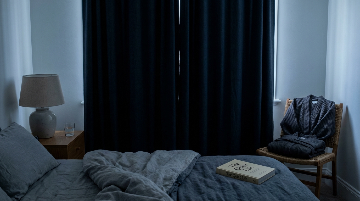 Darkened bedroom with calm bedtime setup and soft lamp light