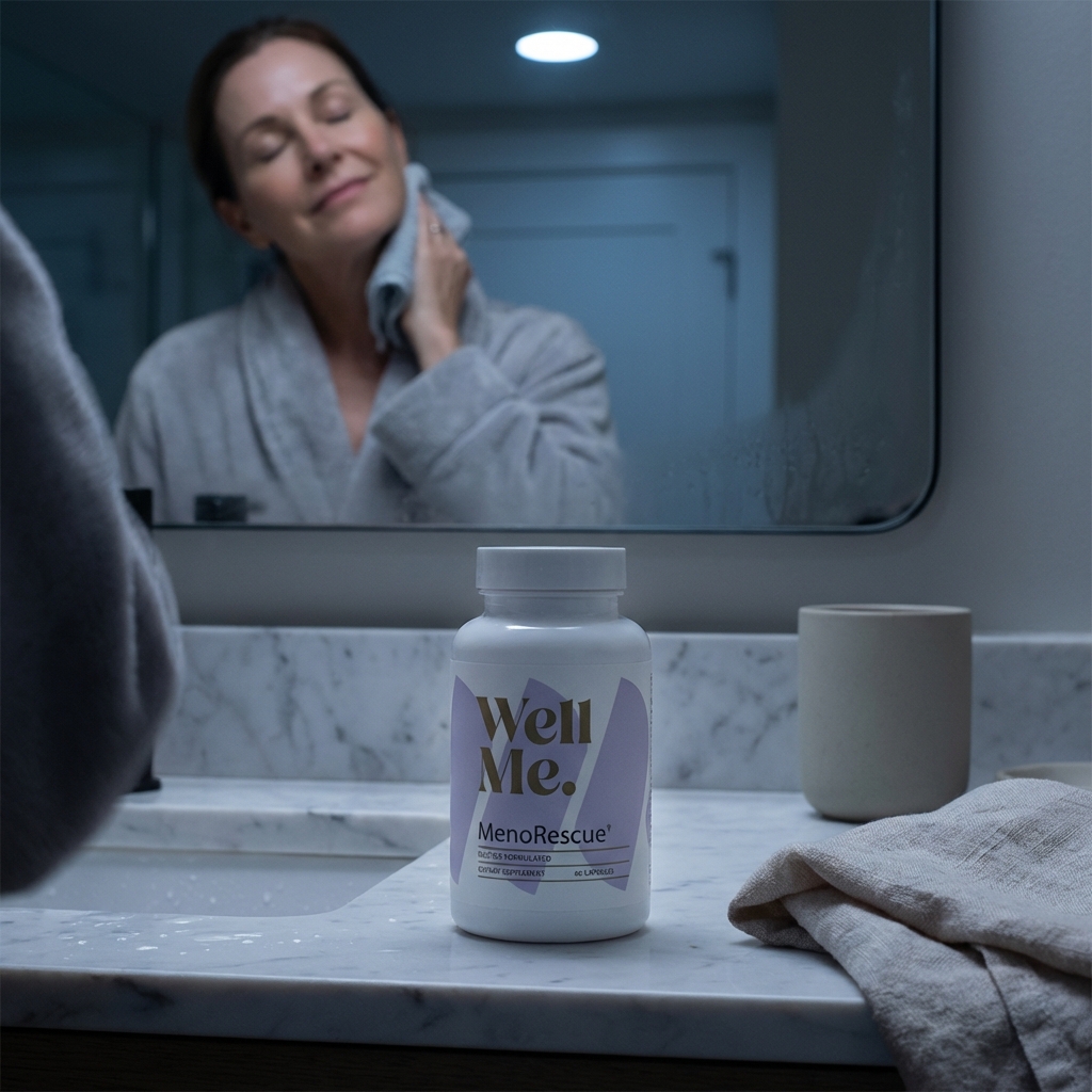 MenoRescue bottle on bathroom vanity in focus with cool nighttime mood
