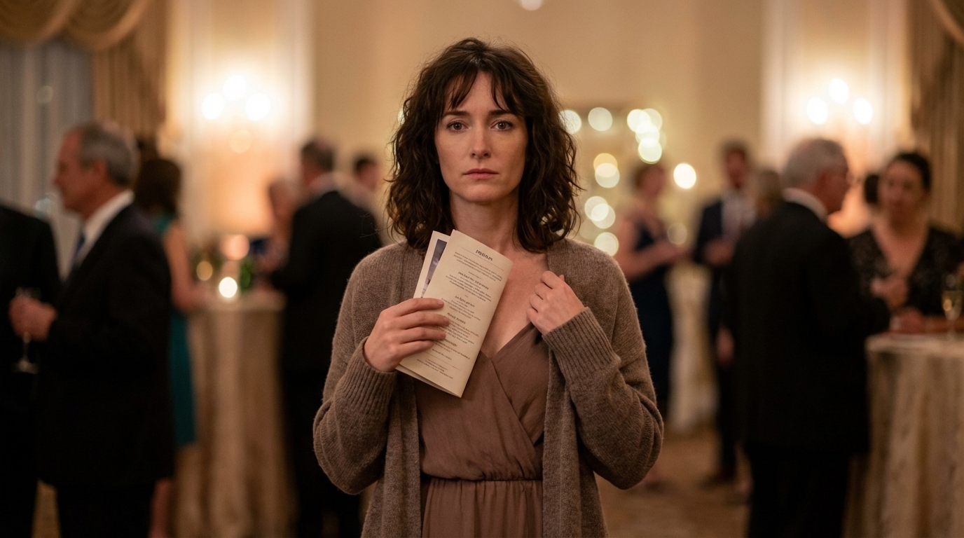 Woman staying composed during a warm flush in a busy room