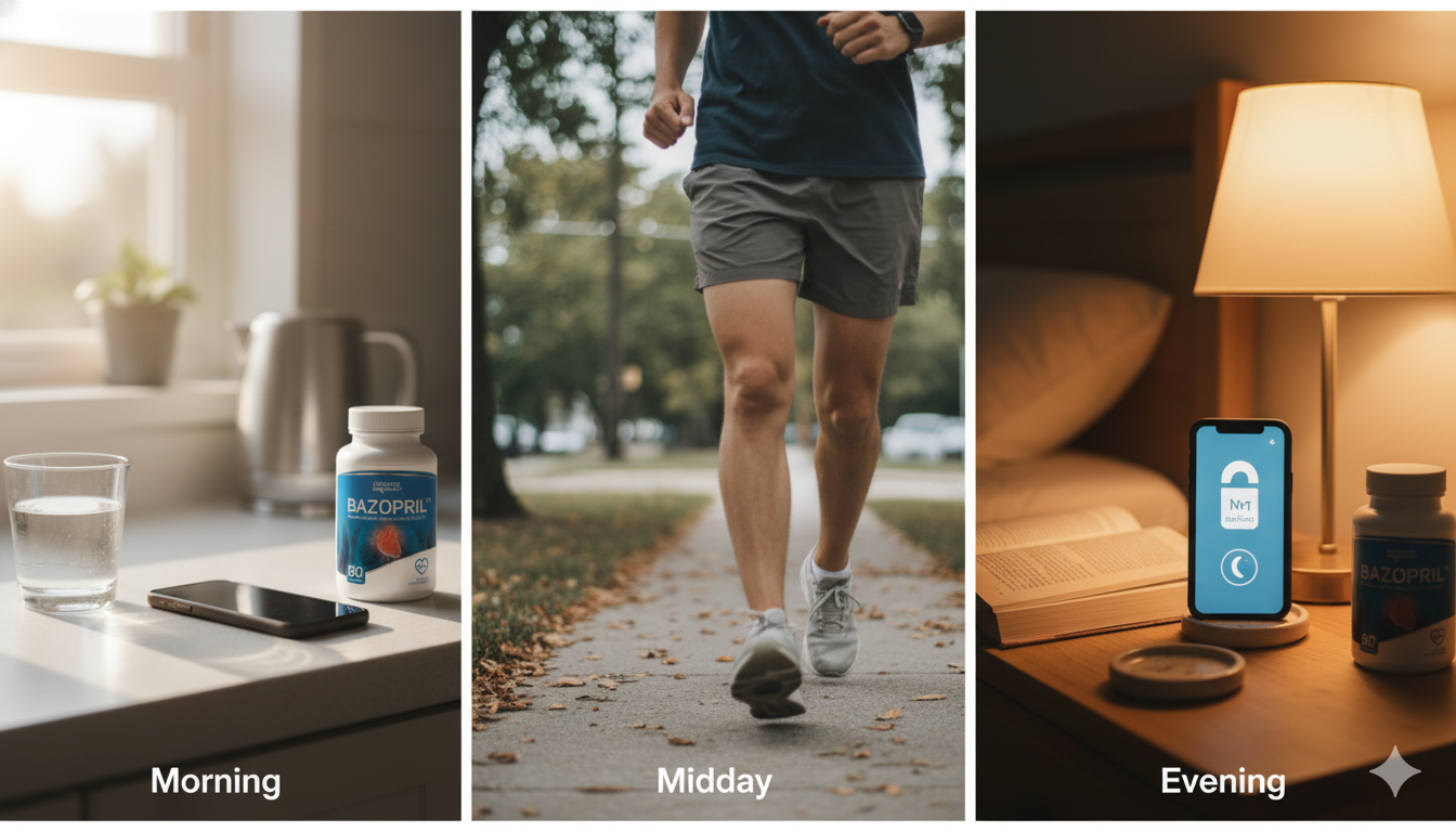 Daily heart health habits as morning water, midday walk, and evening wind-down; product secondary.