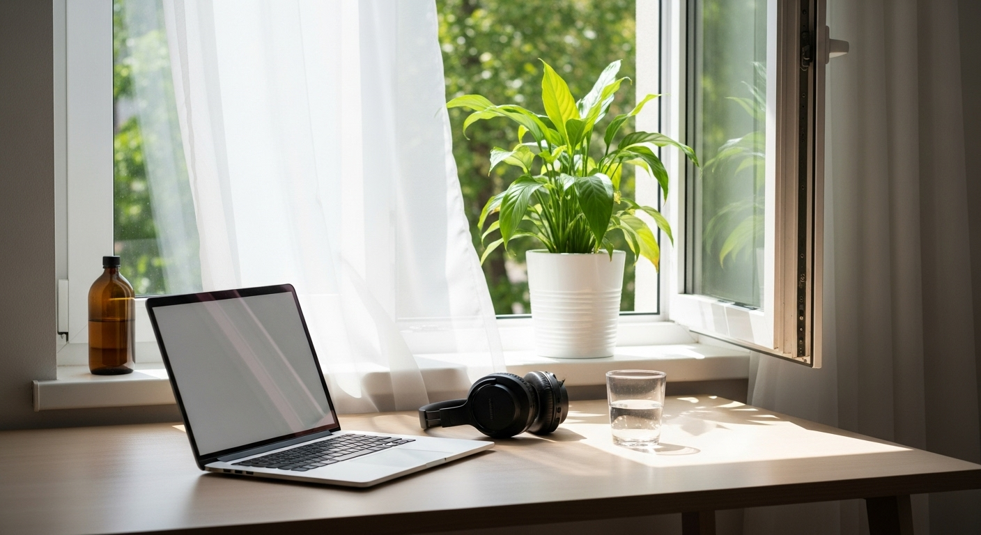 Minimal workspace by an open window with a plant and laptop.