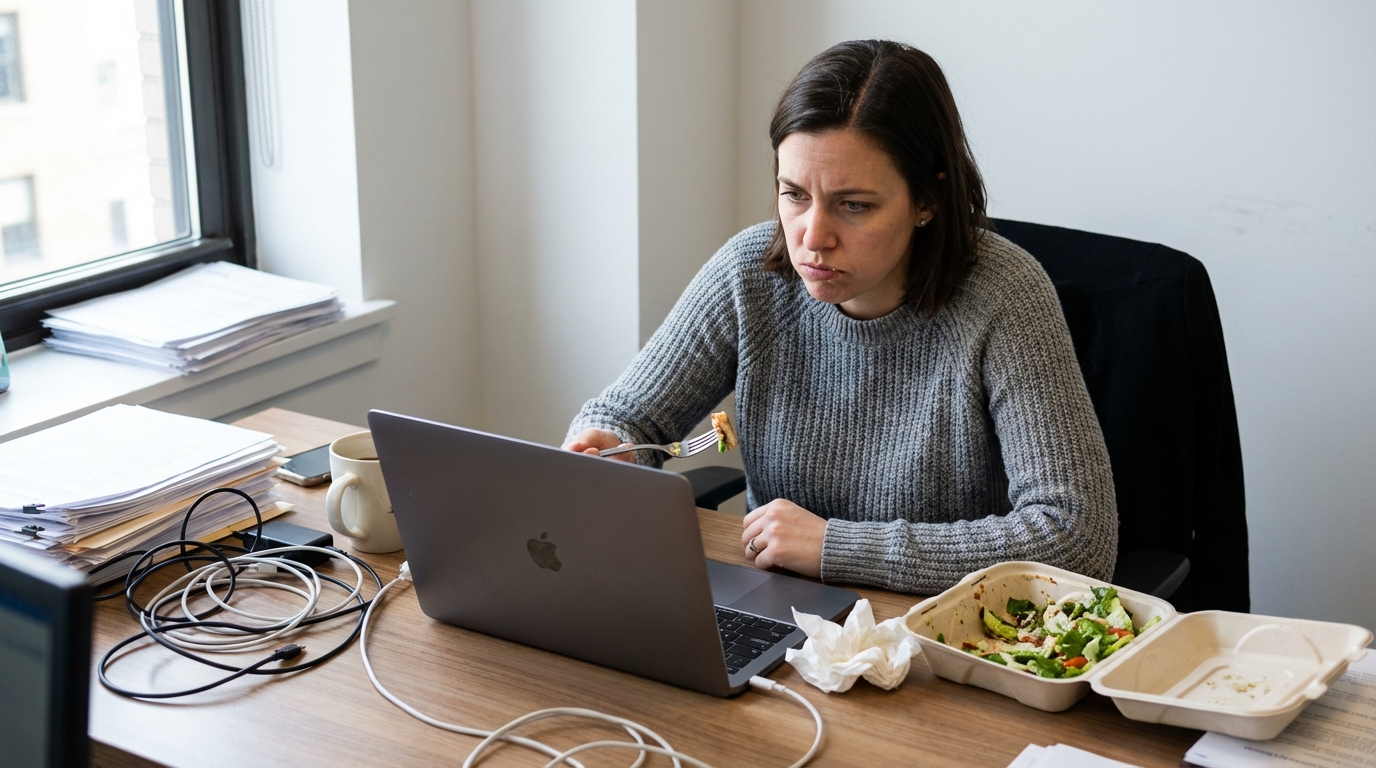 Woman eating lunch at desk while working under pressure