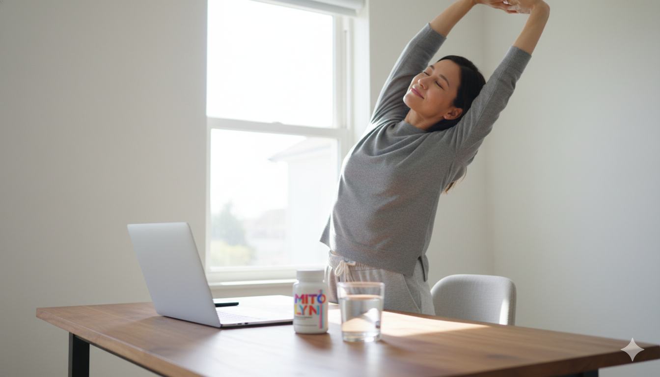 Person stretching beside their desk with a glass of water and Mitolyn nearby