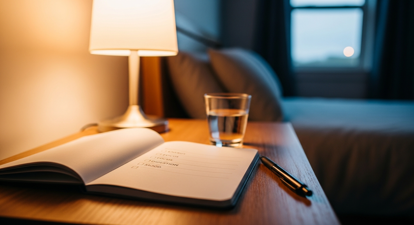 Bedside journal tracking daily energy, focus, digestion, and mood
