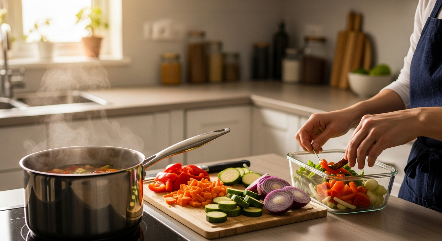 Evening meal prep with soup and chopped vegetables in soft natural light