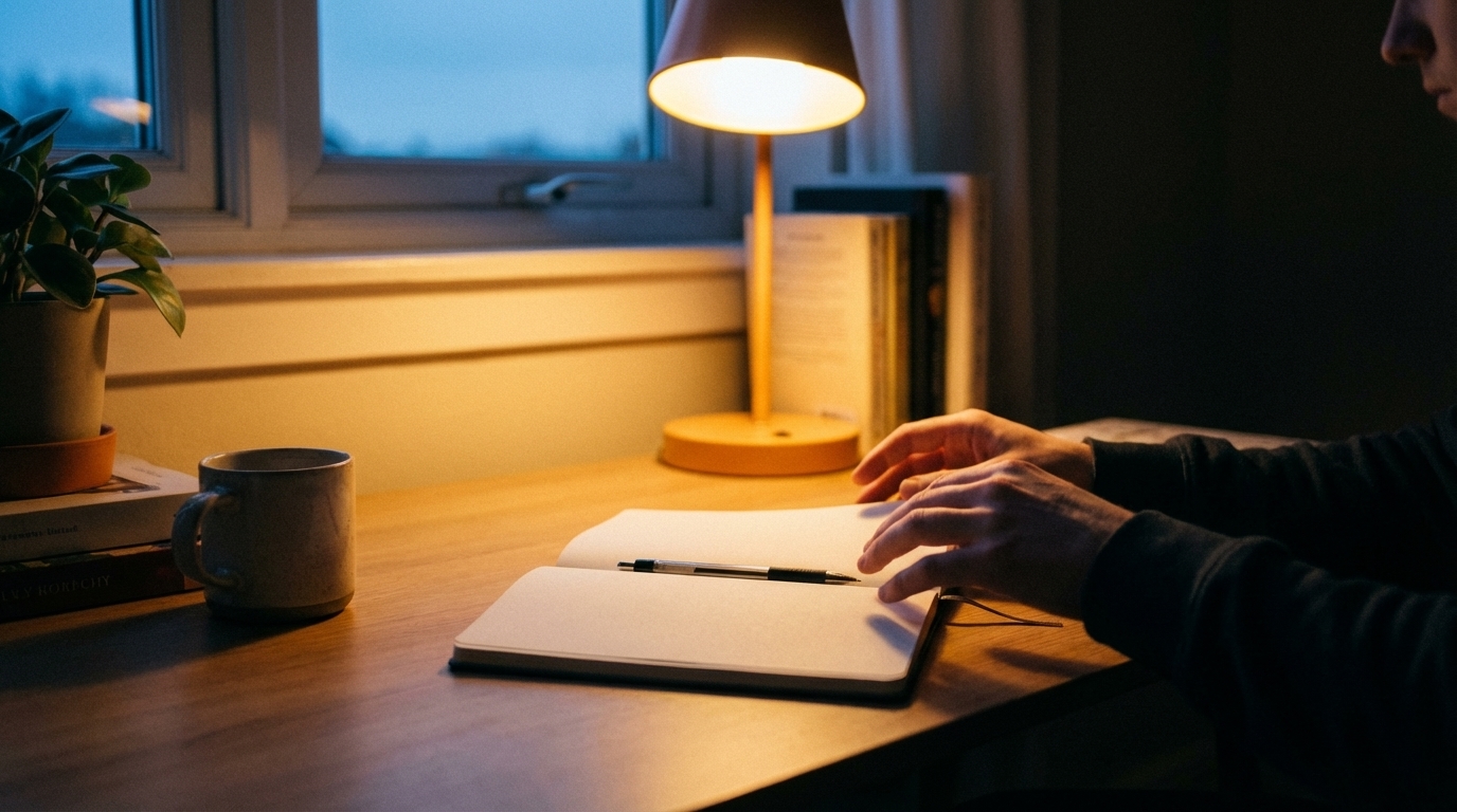 Open journal and pen under warm lamp light