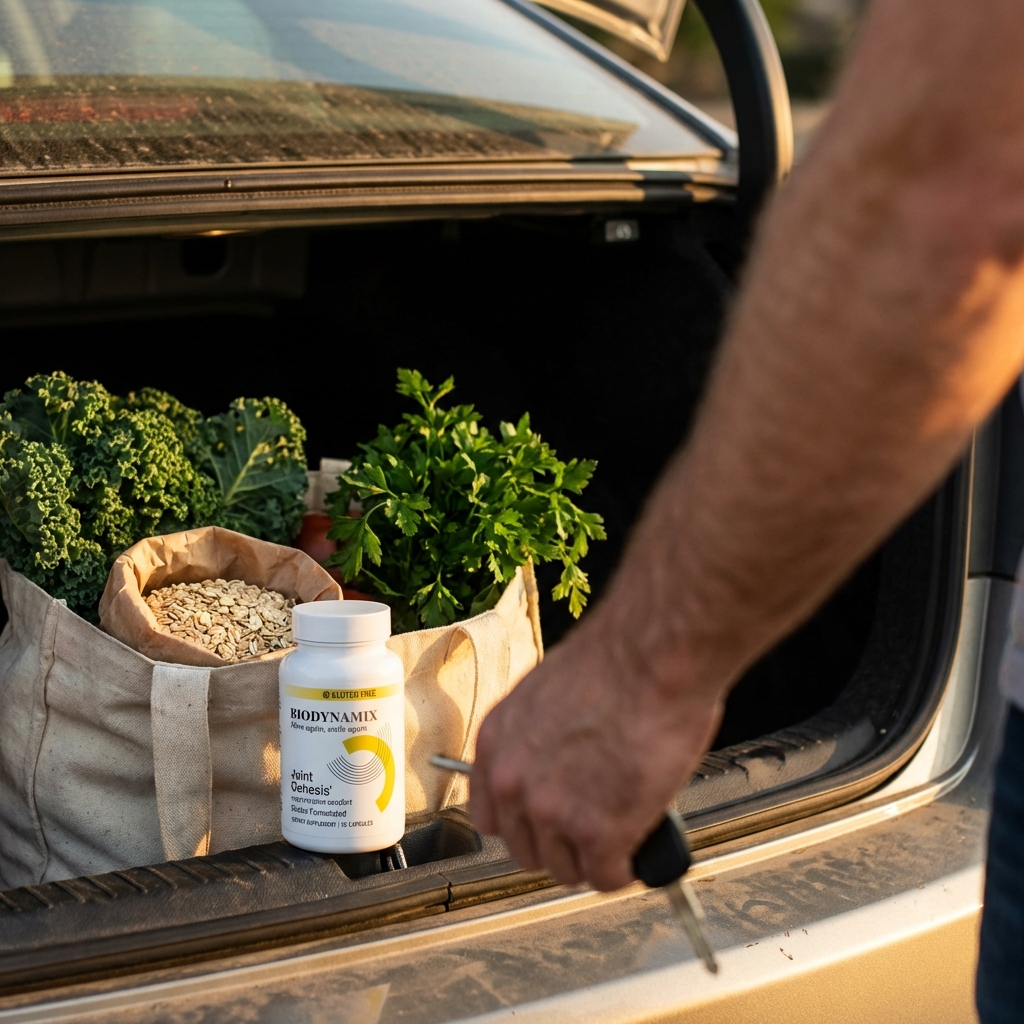 Joint Genesis bottle on tote bag after errands and a walk