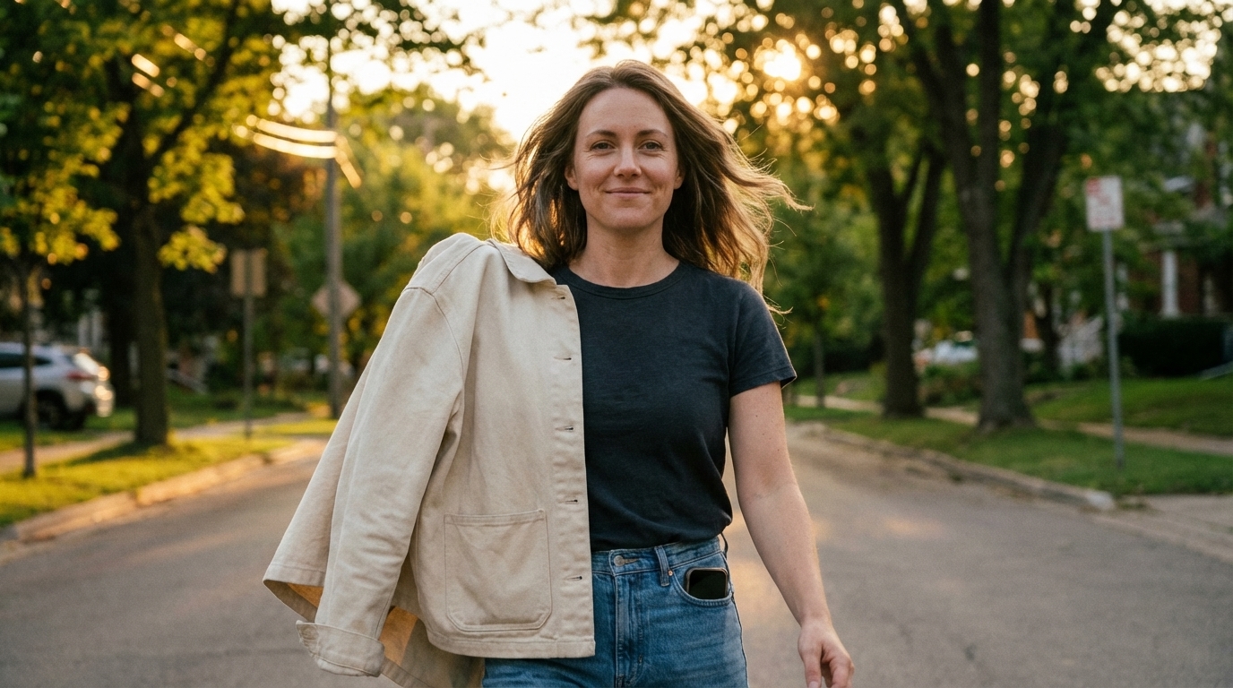 Person walking at sunset with relaxed posture