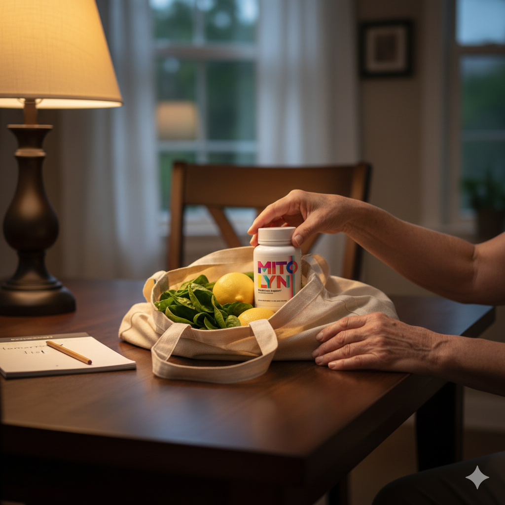 Mitolyn bottle tucked into a grocery tote with vegetables as a child’s hand helps pack.