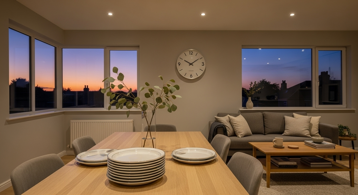 Sunset home interior with cleared dinner table and dim lighting, clock near 7 p.m.
