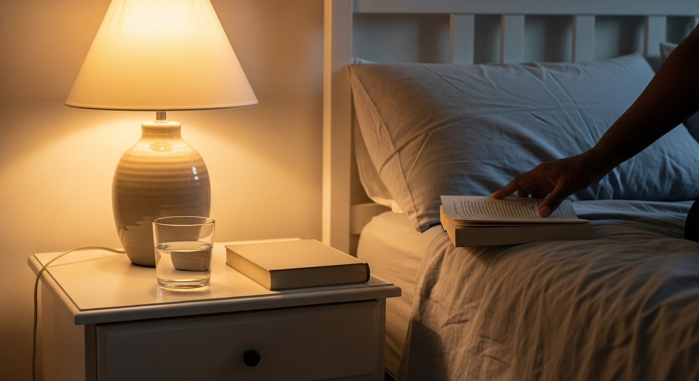 Warm bedside scene with water and book, calming biohacking nutrition routine.