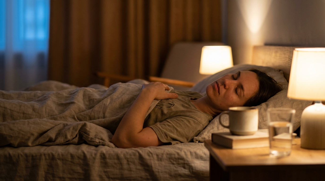 Person lying in bed taking a slow, calming breath before sleep