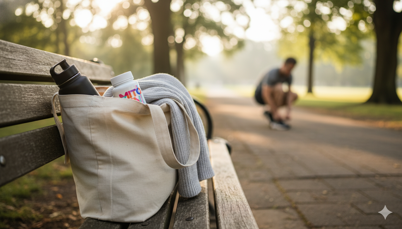 Tote with water bottle and subtle supplement bottle on a park bench, person lacing shoes nearby.