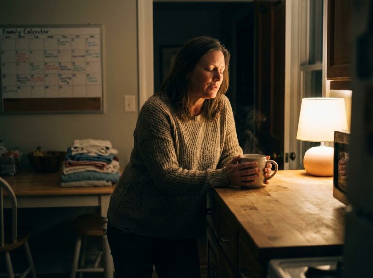 Woman holding a warm mug in a quiet kitchen at night