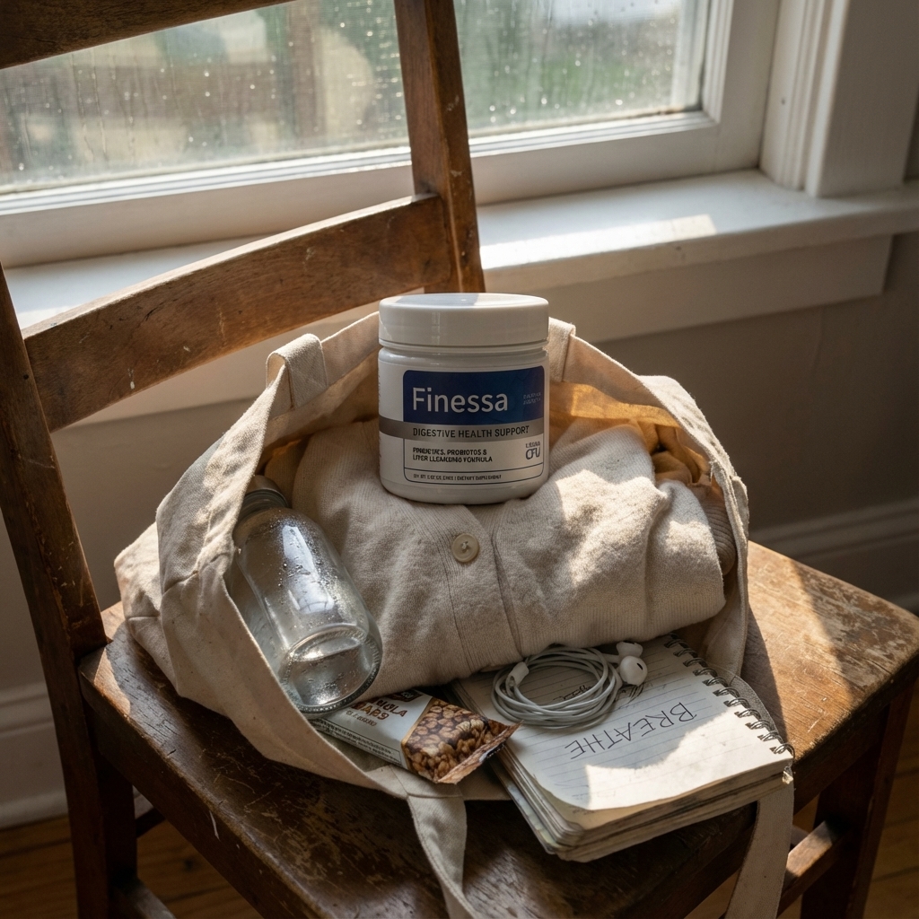 Finessa bottle beside an open bag with daily essentials