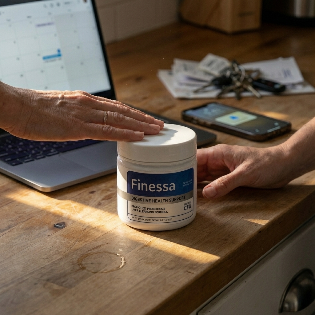 Finessa bottle in morning light with hands closing a laptop