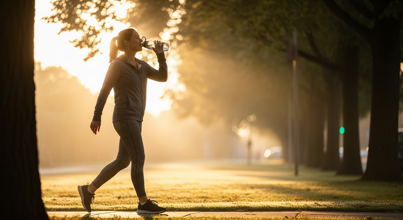 Sunrise walk with water sip