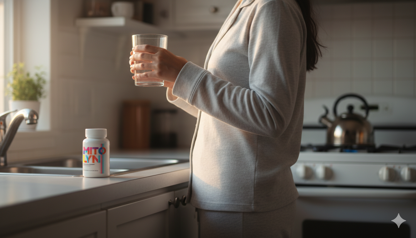 Person in a quiet kitchen lifting a morning glass of water, with a soft-focus supplement bottle nearby.