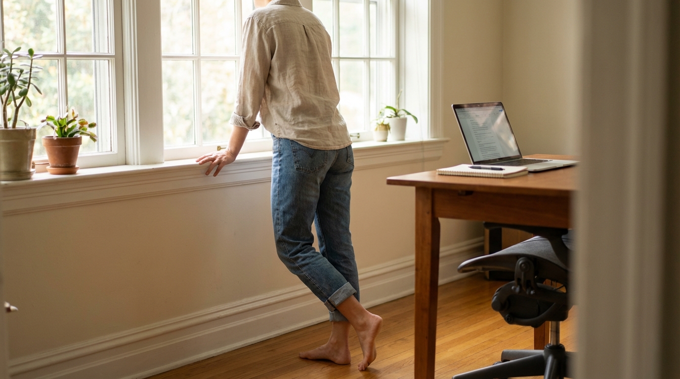 Person standing by a bright window, taking a short screen-free break from work.