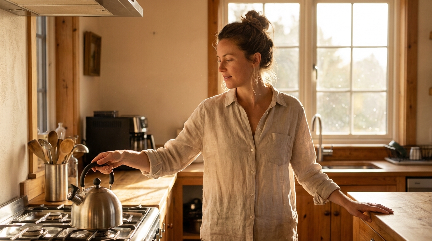 Woman moving easily through her kitchen in early morning light looking calm and naturally awake