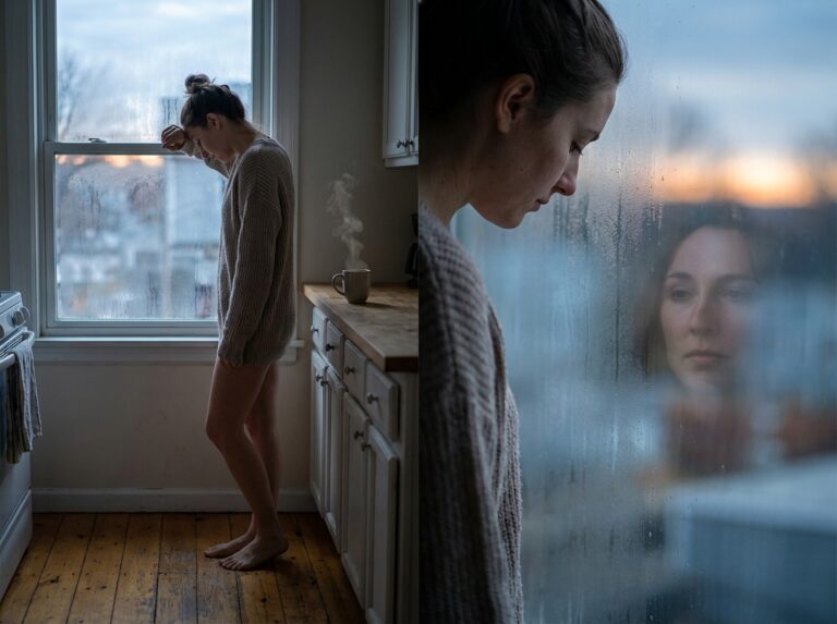 Person resting against a window in quiet morning relief