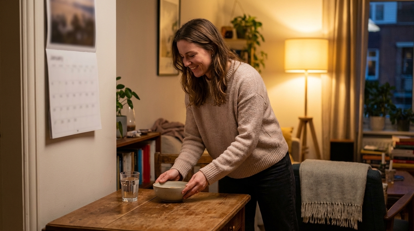 Woman setting down a simple snack and water