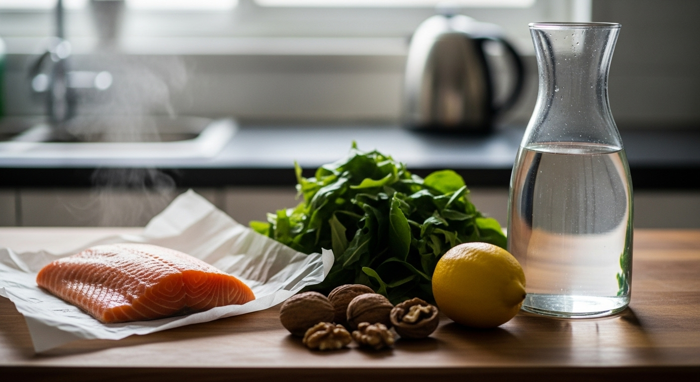 Whole-food staples on a wooden counter supporting biohacking nutrition.