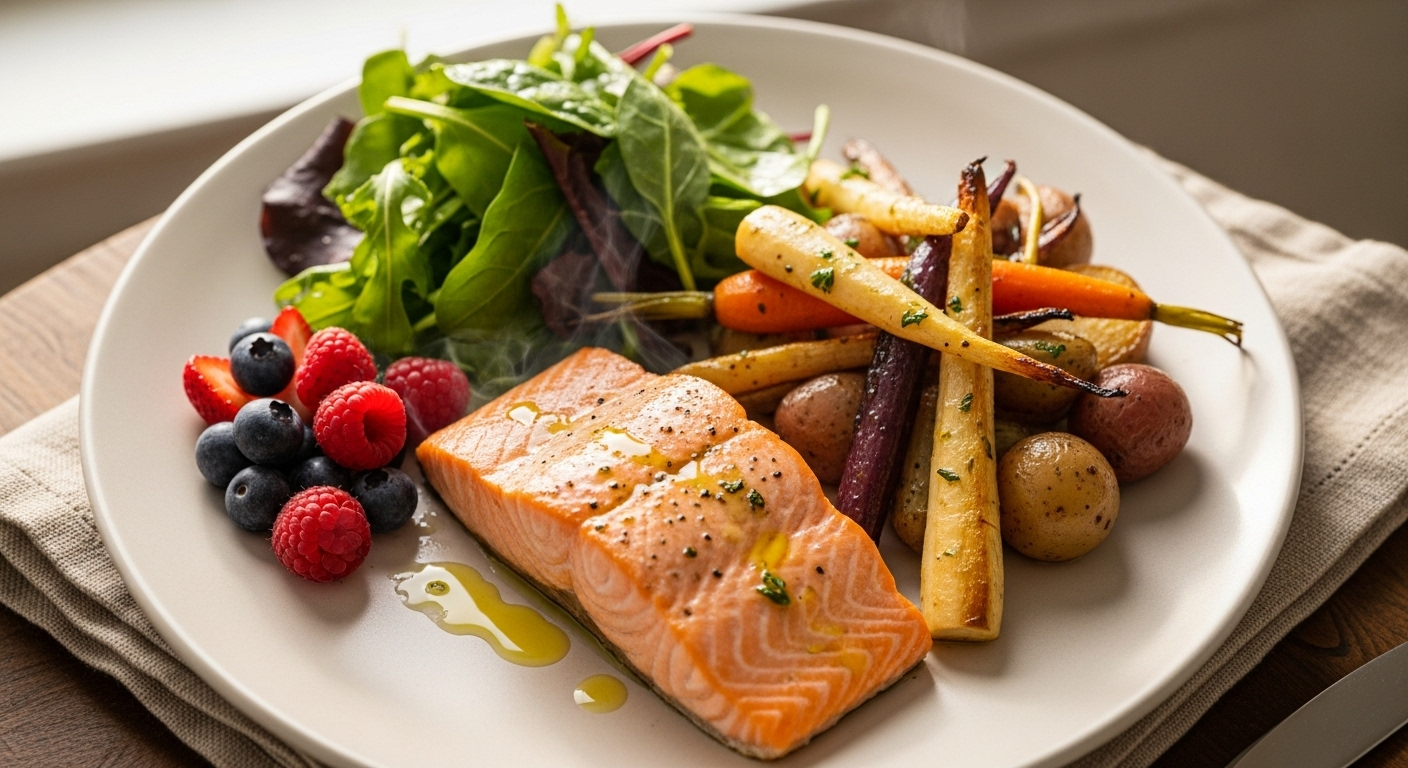 Colorful whole-food plate supports brain health through balanced eating.