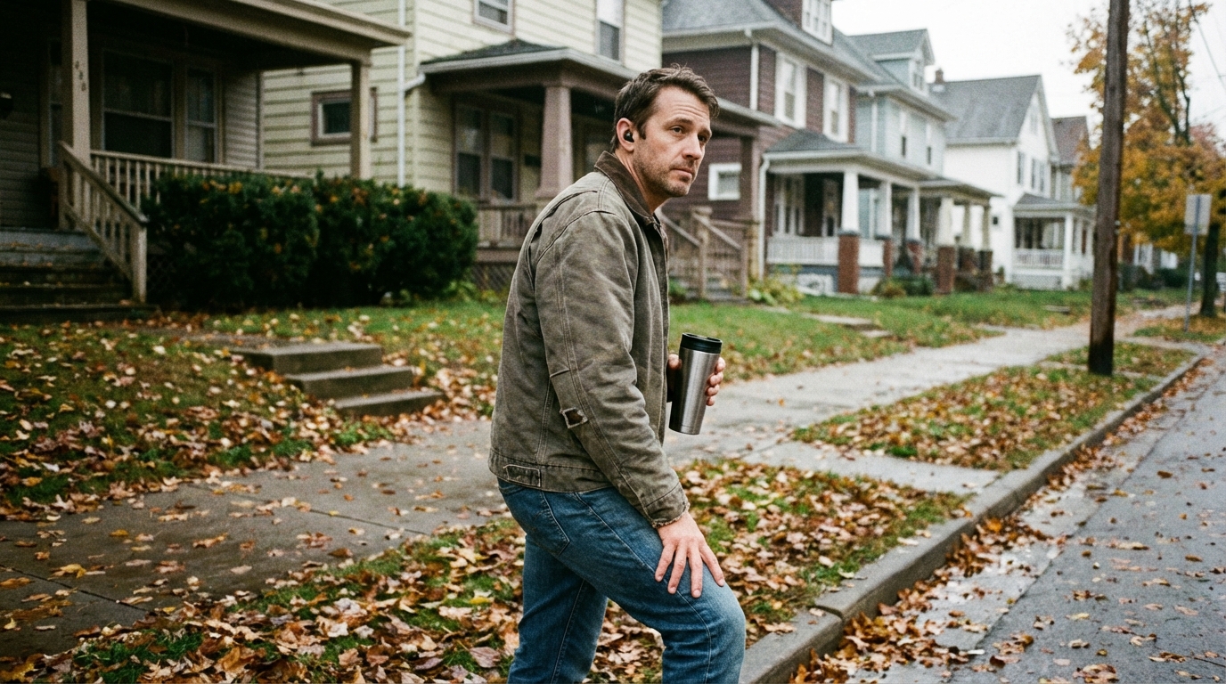 Man pausing on a sidewalk during a fall walk