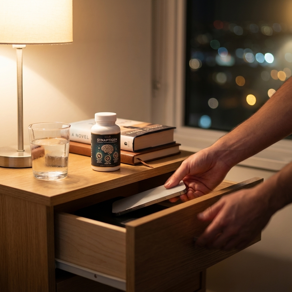 Hand putting a phone in a drawer while Synaptigen sits on a warm bedside table